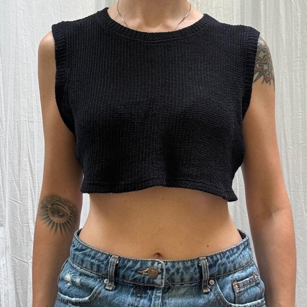 Anxiety 90s Black Cropped Knit Tank Top Vintage S/M Goth Whimsygoth Grunge Emo